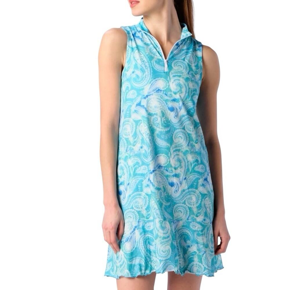 GOTTEX Blue Paisley Ruffle Sleeveless Golf & Tennis Dress Size Small Pockets